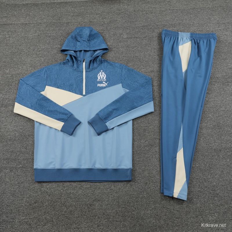 23/24 Olympique Marseille Blue Half Zipper Hoodie Jacket +Pants