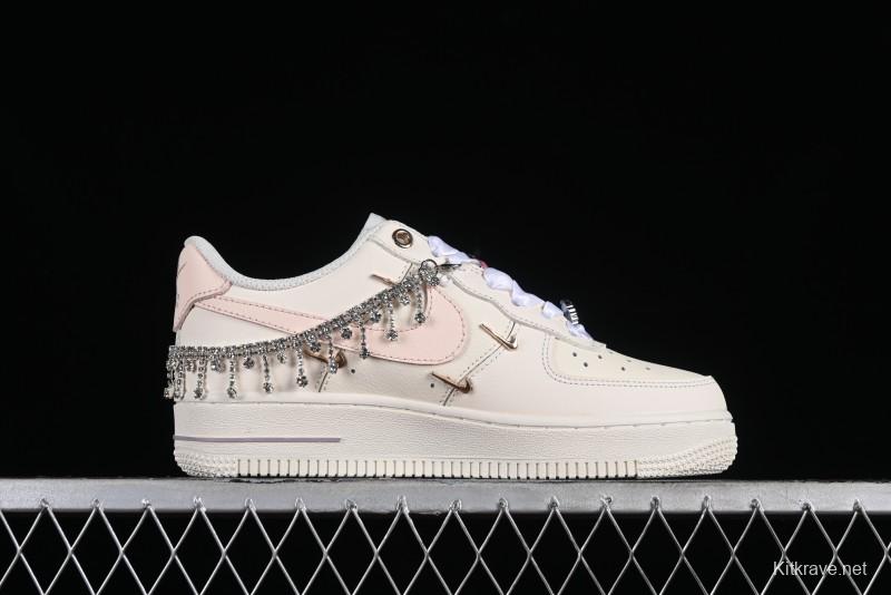 Nike Air Force 1 '07 Low Casual Sneakers in Romantic Pink-Purple with Diamond Chain Accessories - FV1122-333