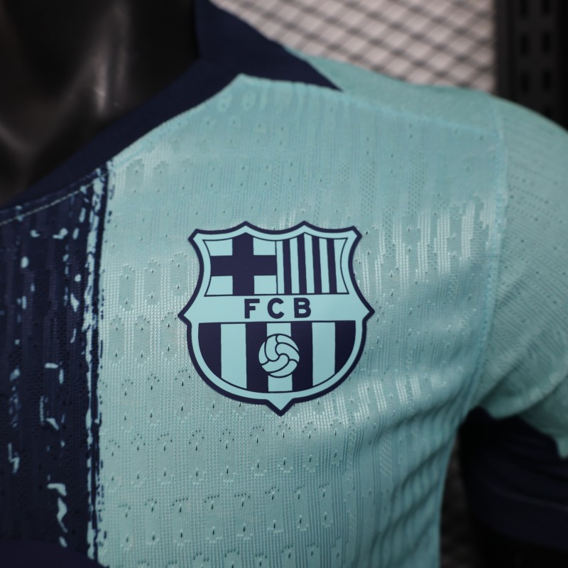 Player Version 25/26 Barcelona Blue 125Th Anniversary Mint Green Jersey with Navy Blue Stripe and Spotify Sponsor