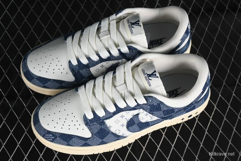 Nike SB Dunk Low LV Collaboration - Denim Checker Anniversary High-End Custom Low-Top Casual Skate Shoes - JH8310-949