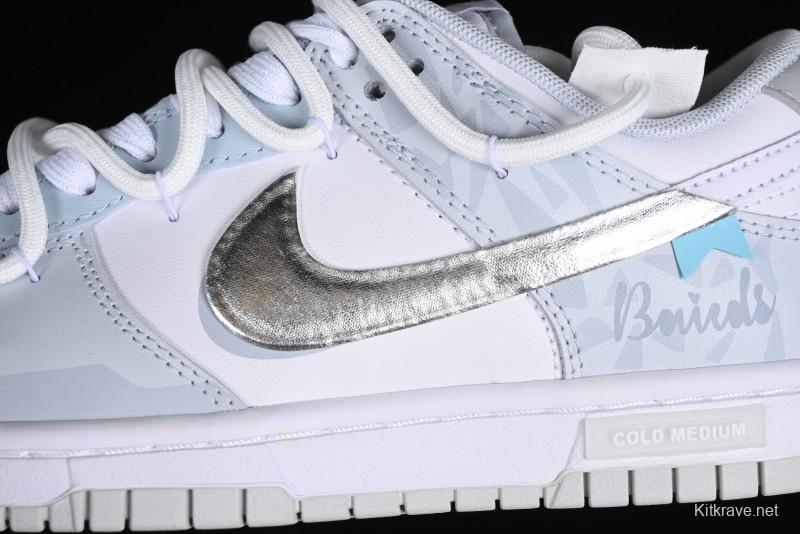 Nike Dunk Low Retro SB Casual Skate Shoes in Light Grey Blue with Silver Swoosh and Deconstructed Straps - HF0730-160