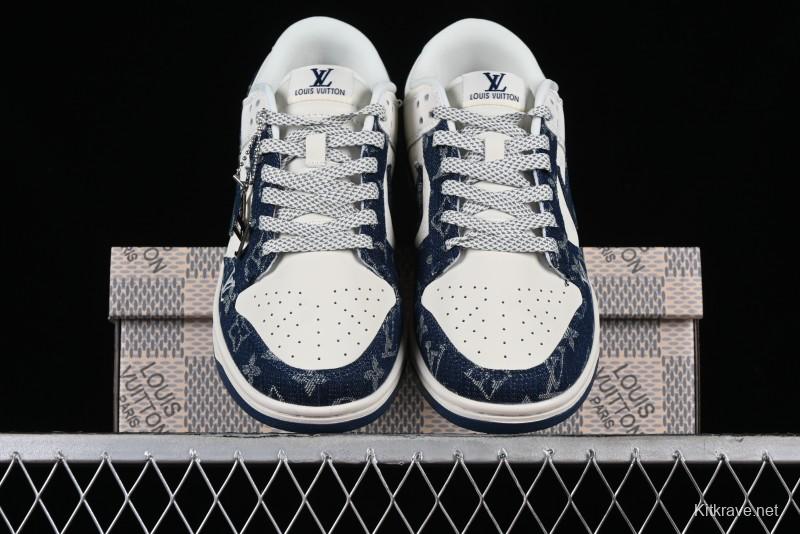 Nike SB Dunk Low LV Collaboration - Dark Blue Denim Anniversary High-End Custom Low-Top Casual Skate Shoes - XP3802-335