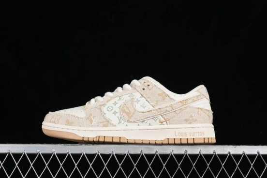 Nike SB Dunk Low LV Collaboration - Beige Swoosh Anniversary High-End Custom Low-Top Casual Skate Shoes - SJ2068-258
