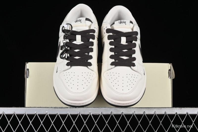Stussy x Nike SB Dunk Low Anniversary Customized Casual Sneakers in Off-White Black Swoosh - DQ1098-378