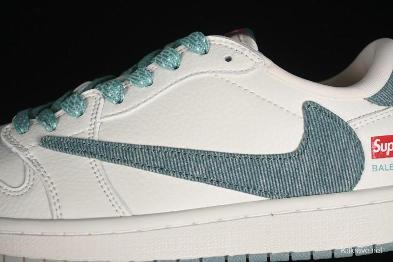 Nike Travis Scott x Fragment Design x Air Jordan 1 Low OG SP AJ1 Supreme Collaboration - Green Canvas Swoosh Low-Top Casual Sneakers - JH6088-706