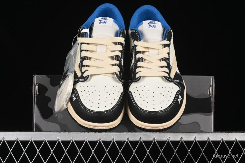Nike Travis Scott x Fragment Design x Air Jordan 1 Low OG SP AJ1 Bape Collaboration - Crocodile Leather Black White Blue Low Top Casual Sneakers - XZ2828-001