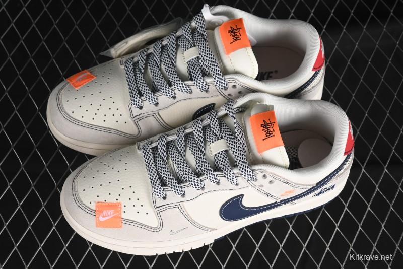 Nike SB Dunk Low Stussy Collaboration - Patchwork Grey White Dark Blue Swoosh Anniversary Custom Low-Top Casual Skate Shoes - MM1089-025
