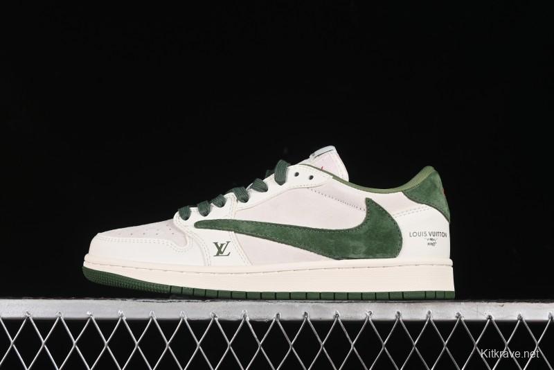 Nike Travis Scott x Fragment Design x Air Jordan 1 Low OG SP AJ1 LV Collaboration - Grey Green Pigskin Low Top Casual Sneakers - XZ1268-005