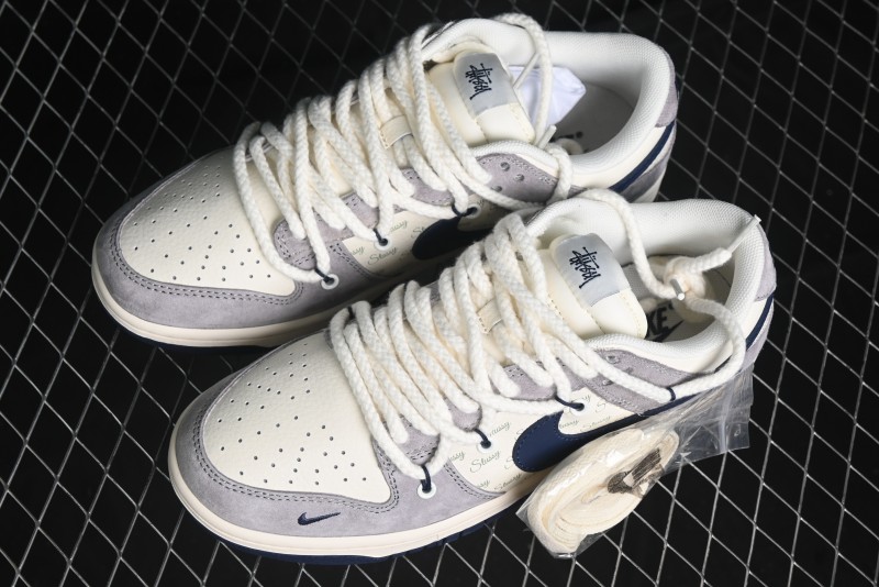 Nike SB Dunk Low Stussy Collaboration - Navy Blue Embroidery Swoosh Anniversary Custom Low-Top Casual Sneakers - SJ2068-296
