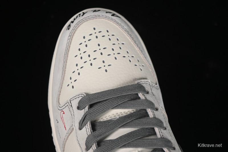 Nike SB Dunk Low Stussy Collaboration - Embroidered Grey Swoosh Anniversary Custom Low-Top Casual Sneakers - MM1089-033