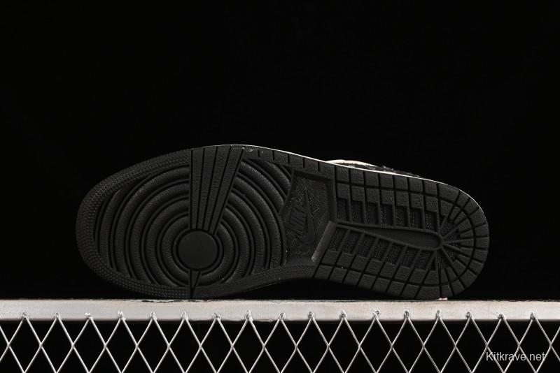 Nike Air Jordan 1 Low OG SP Travis Scott x Fragment Design Black Denim Print Casual Sneakers - SJ2068-005