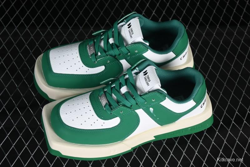 Choco Concert Leather Round Square Asymmetric Fashion Sneakers White Green - AJE5