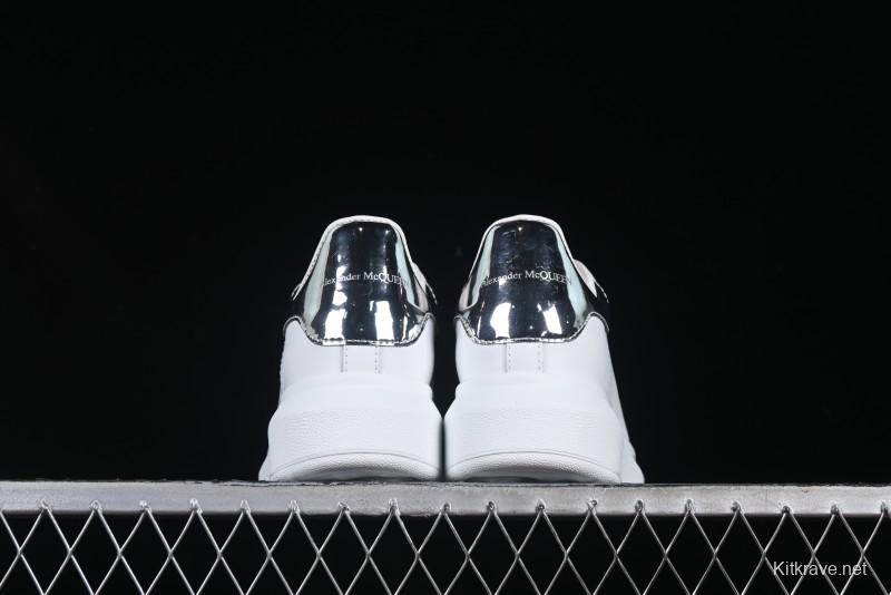 Alexander McQueen Oversized Sneakers with Mirror Silver Heel - White Leather Lace-Up Shoes