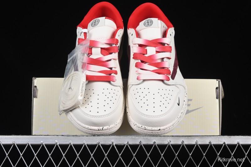 Nike Travis Scott x Fragment Design x Air Jordan 1 Low OG SP AJ1 Stone Island Collaboration Pomegranate Red Low-Top Casual Sneakers - CF3688-077