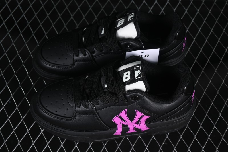 NY Yankees Black Leather Sneakers with Bold Pink Logo
