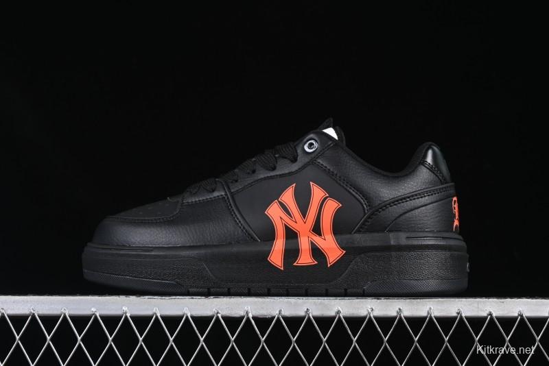 NY Yankees Black Leather Sneakers – Bold Orange Logo Edition
