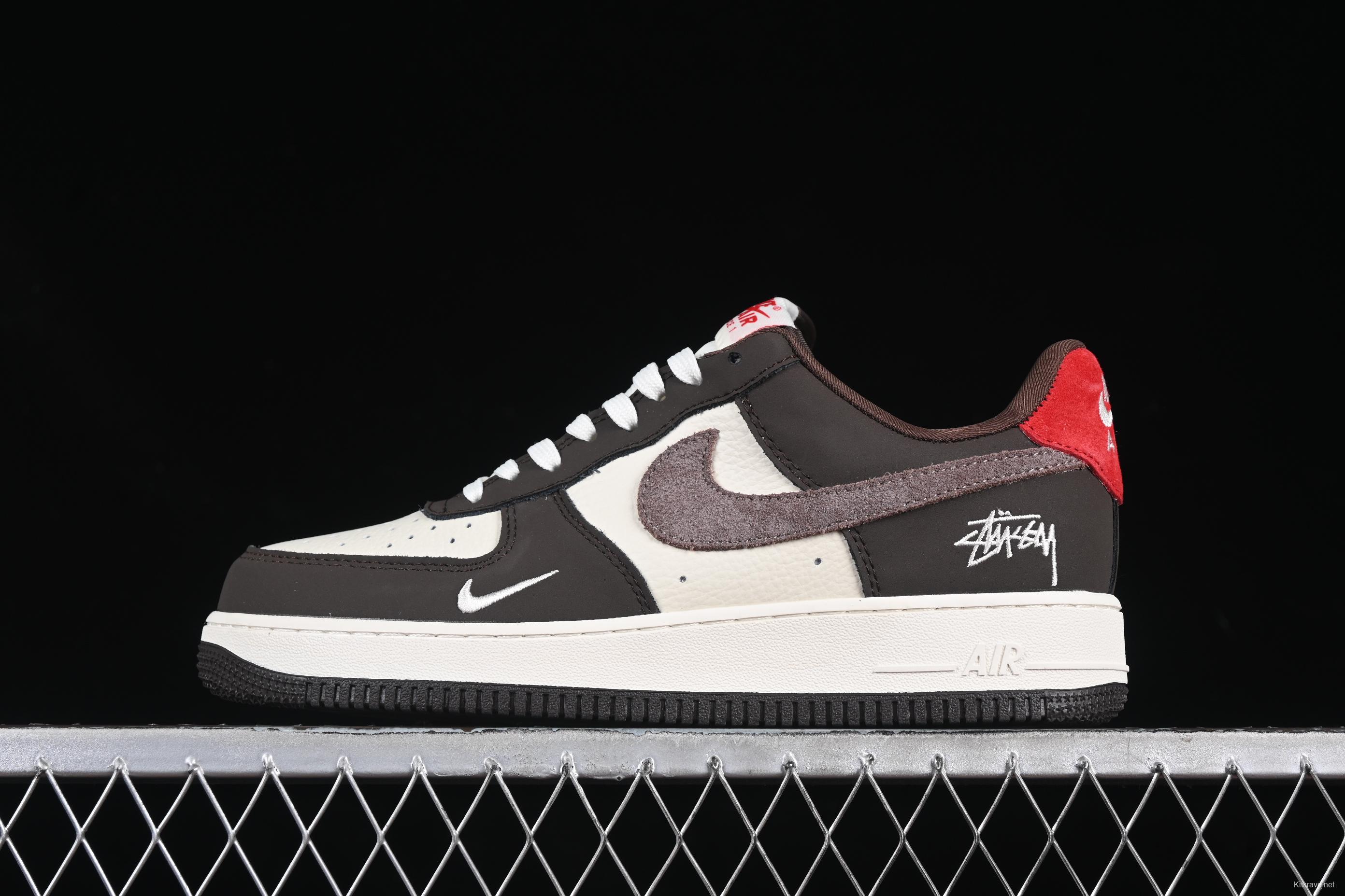 Nike Air Force 1 '07 Low Stussy Collaboration Red Tail Chocolate Low-Top Casual Sneakers - KK1988-057