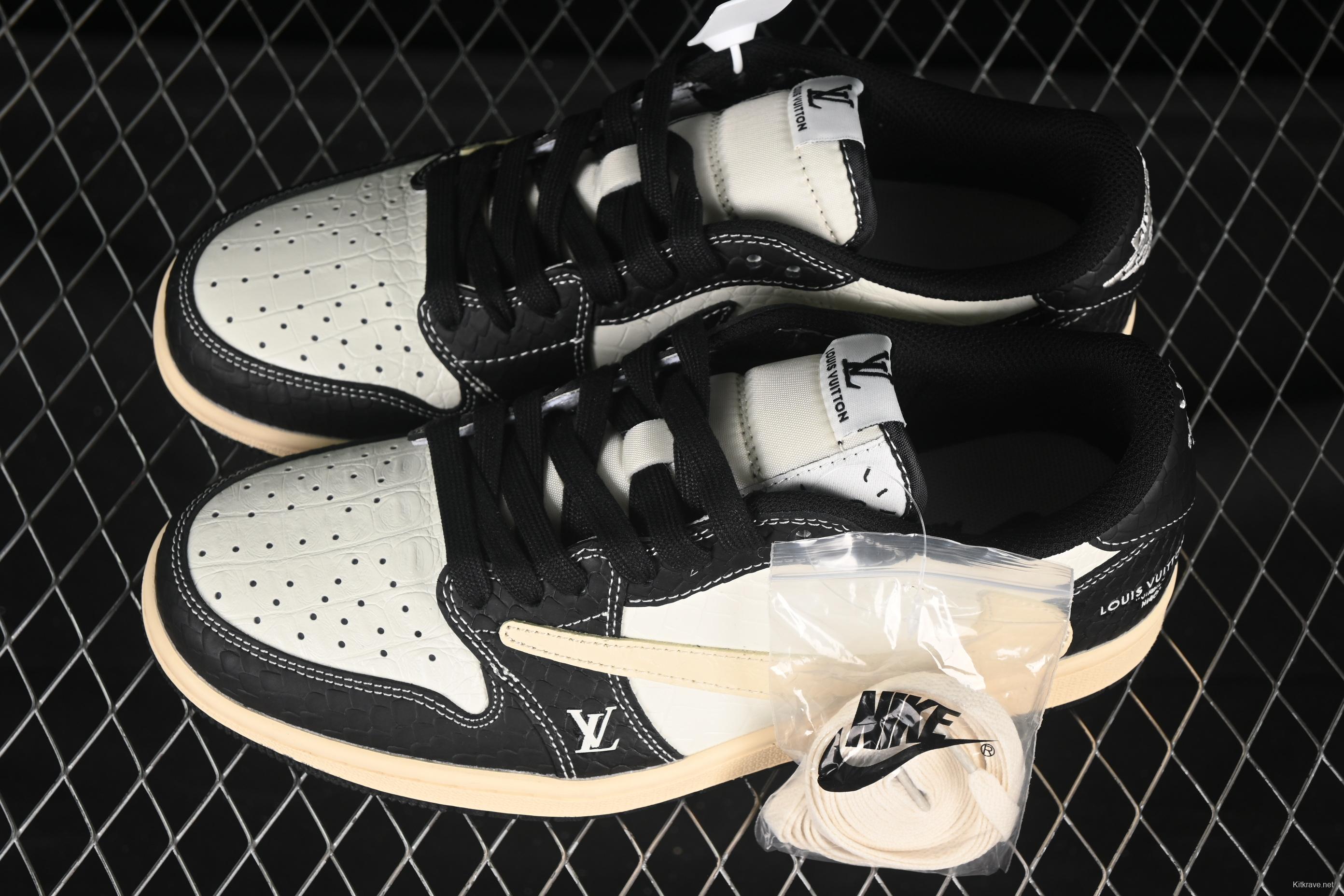 Nike Travis Scott x Fragment Design x Air Jordan 1 Low OG SP AJ1 LV Collaboration Black Beige Crocodile Texture Low-top Casual Sneakers - XX3168-152