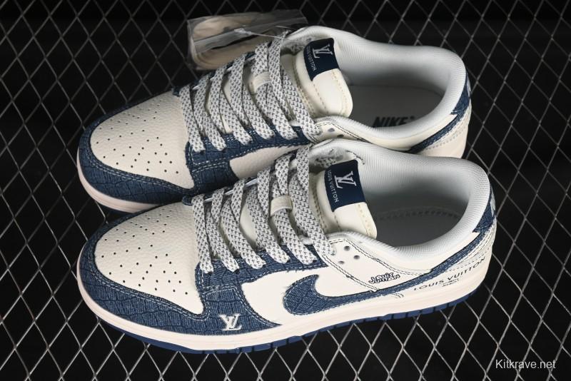 Nike SB Dunk Low LV Series Denim Blue Swoosh Anniversary High-End Custom Low-Top Casual Skate Shoes - FC1688-221