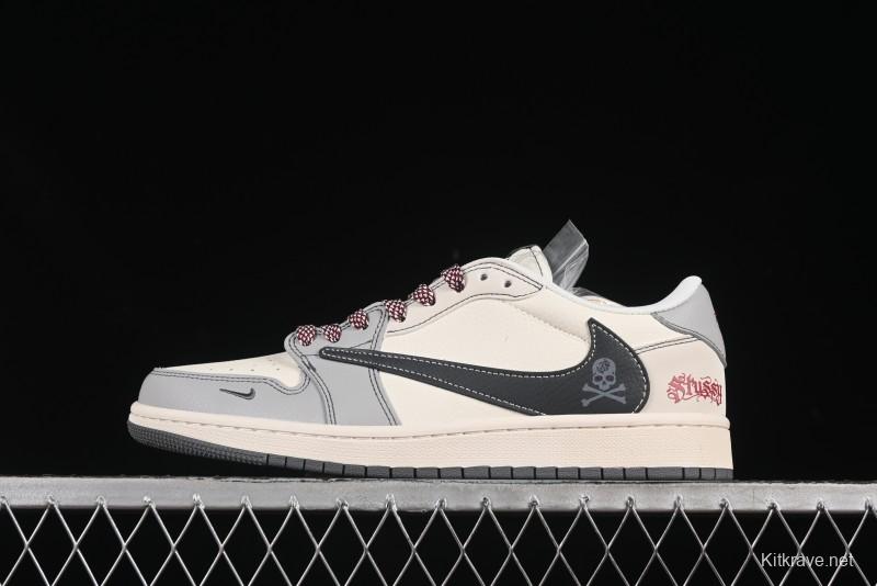 Nike Travis Scott x Fragment Design x Air Jordan 1 Low OG SP AJ1 Stussy Collaboration Black Hook Skull Low Top Casual Sneakers - JJ2508-553