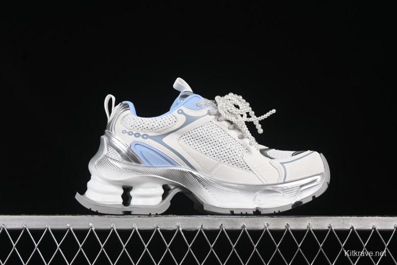 GG-CC Star Same Style Lace-Up Hollow Out Dad Shoes with 5cm Hidden Height Increase - G25X269 White Blue