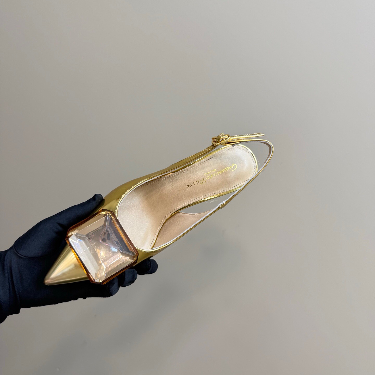 2025 Women Gianvito Rossi Gold Leather Slingback Gemstone KFY00300