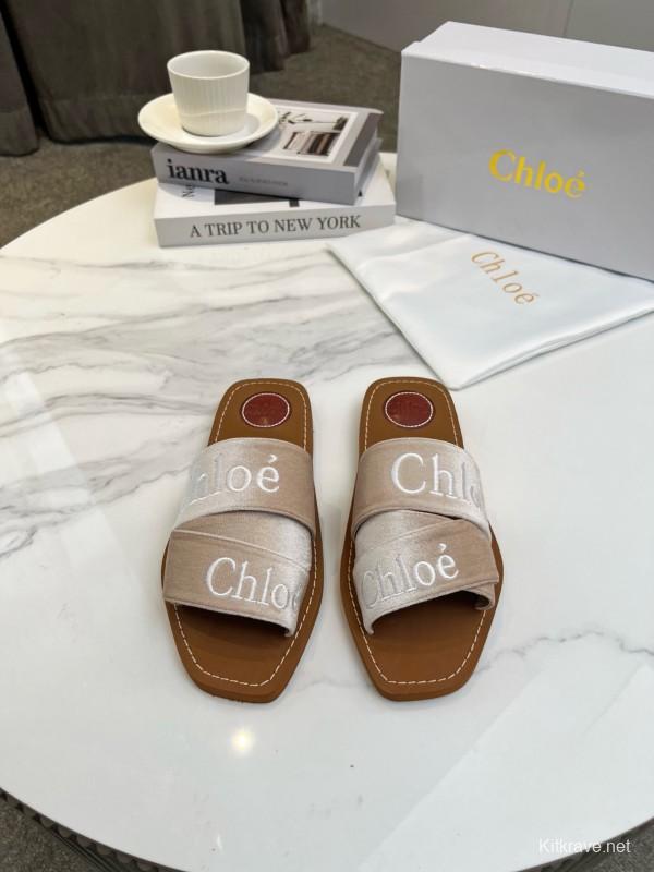 2025 Women Chloé Beige Velvet Slippers LY00200