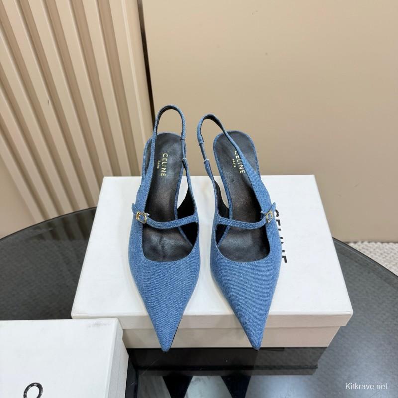 2025 Women CELINE Blue Denim Suede Slingback Pumps KFY00290