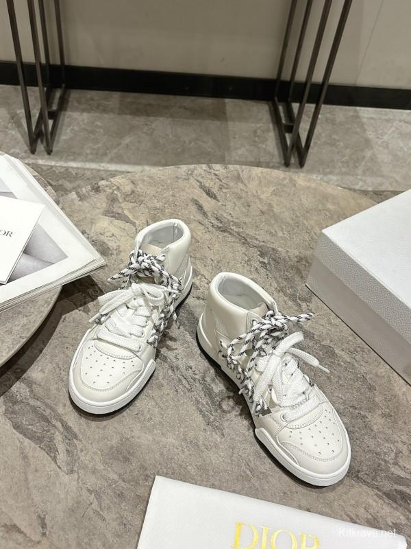 2025 Women Dior White Leather Mesh High-top Sneakers