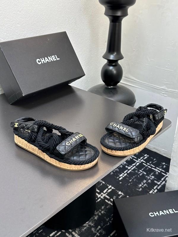 2025 Slippers Chanel Black Rope Leather Sandal LY00260