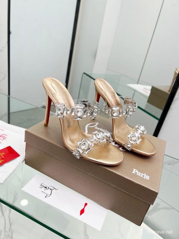 2025 Women Christian Louboutin Gold Leather High Heel Sandals LY00300