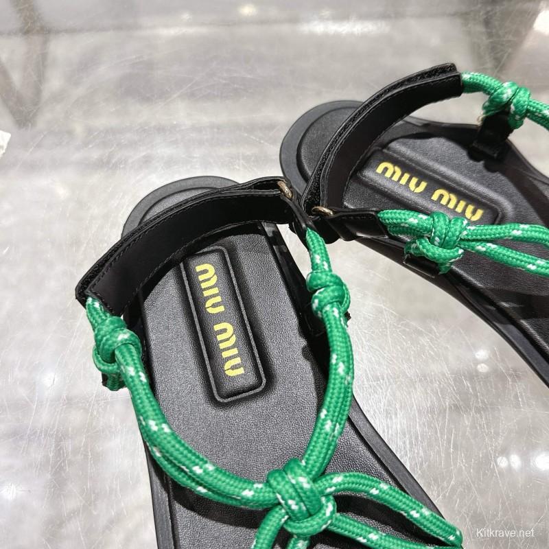 2025 Women Miu Miu Green Black Rope Leather Sandals