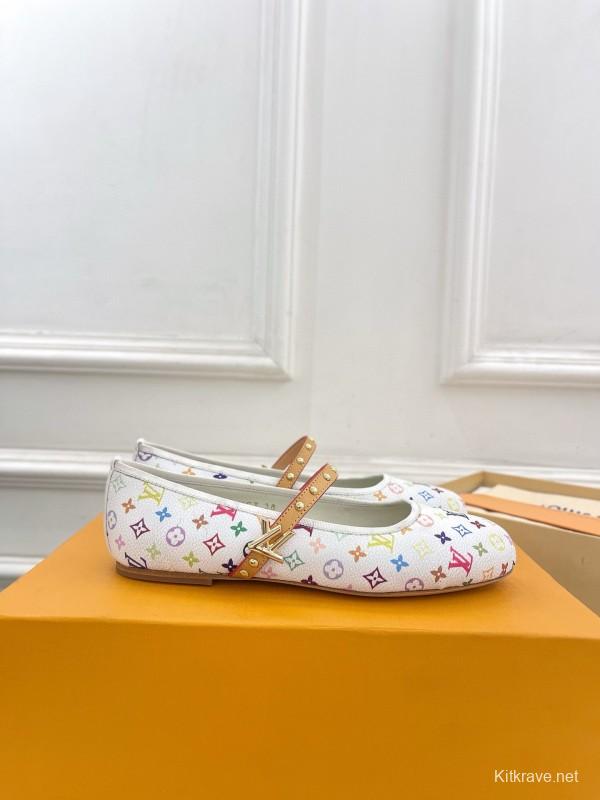 2025 Women Louis Vuitton White Multicolor Canvas Ballet Flat MJ00300