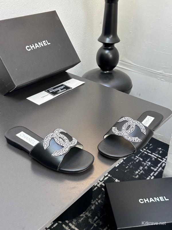 2025 Women Chanel Black Leather Rhinestone Logo Slide Sandals LY00360(F)