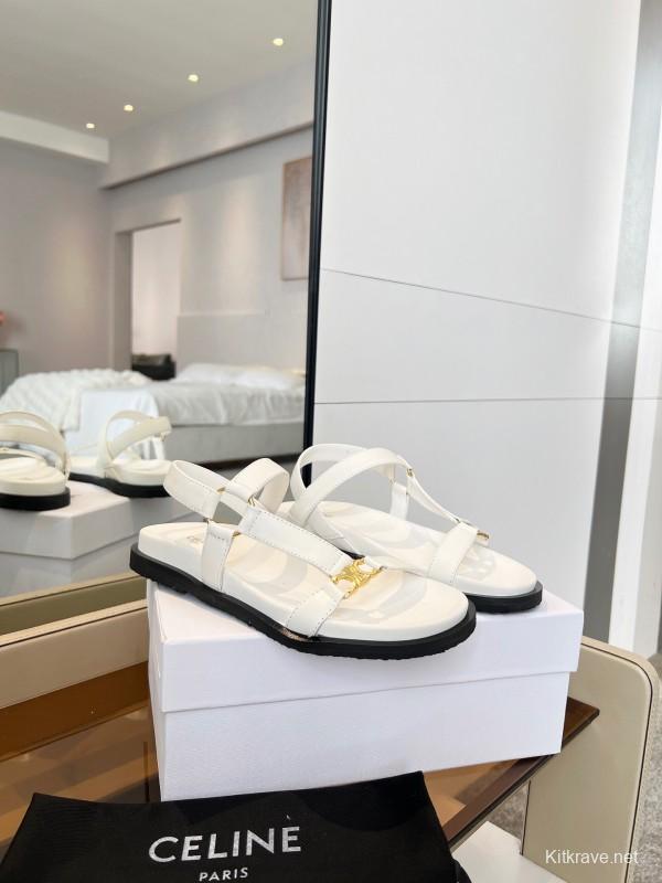 2025 Women Celine White Leather Sandals LY00220