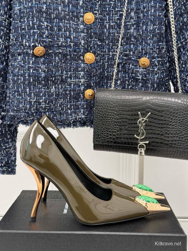 2024 Women Yves Saint Laurent Olive Green Patent Leather High Heel Gemstone MJ00330