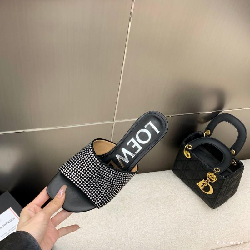 2025 Women Loewe Black Sheep Suede Sandals