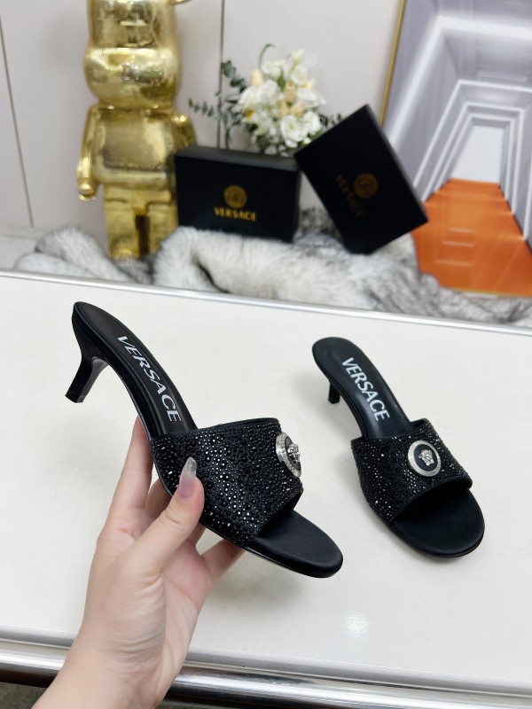 2025 Women VERSACE Black Silk Rhinestone Square Toe Sandals MJ00230