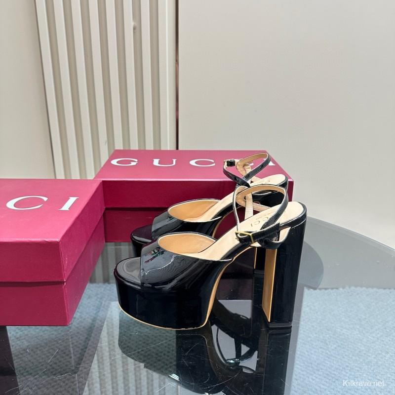 2025 Women Gucci Black Patent Leather Platform Sandals MJ00340