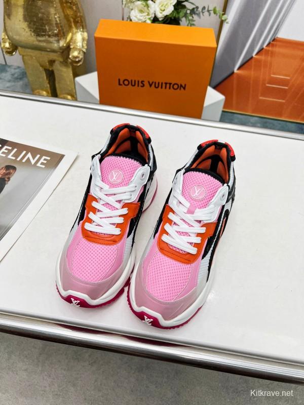 2025 Women Louis Vuitton Pink Orange Black Mesh Leather Sneakers LY00340