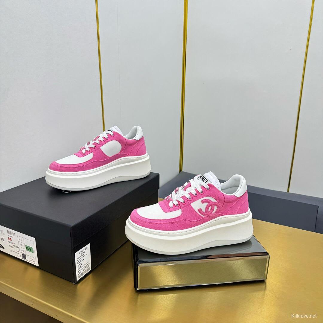 2025 Women Chanel Pink White Leather Canvas Sneakers