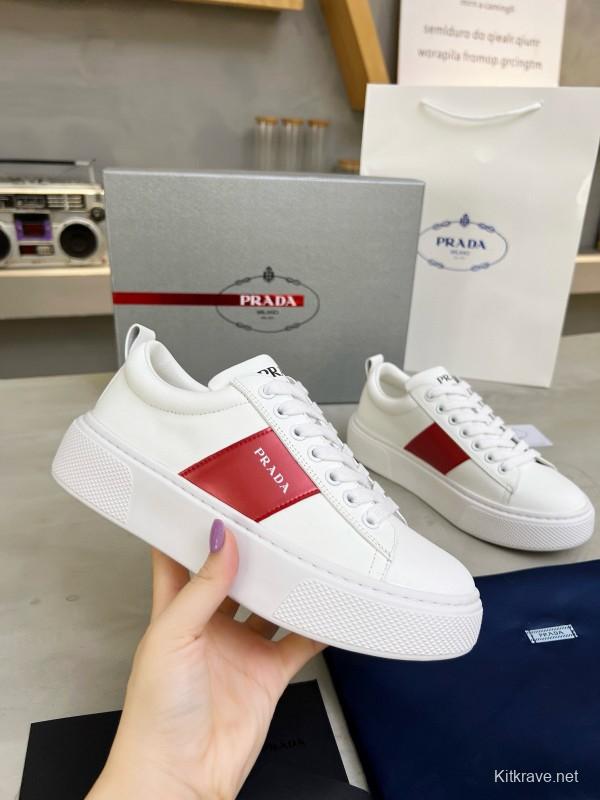 2024 Women Prada White Red Leather Sneakers MJ00310