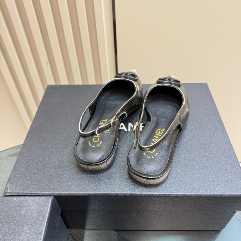 2025 Women Chanel Black Silver Satin Sandals KFY00290