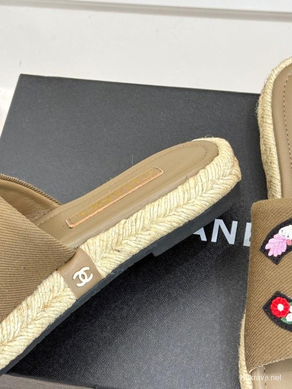 2025 Women Chanel Khaki Embroidered Lambskin Slippers KFY00230