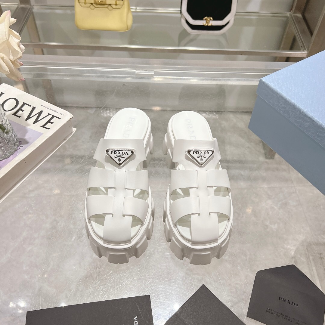 2025 Women Prada White Leather Slippers LY00250