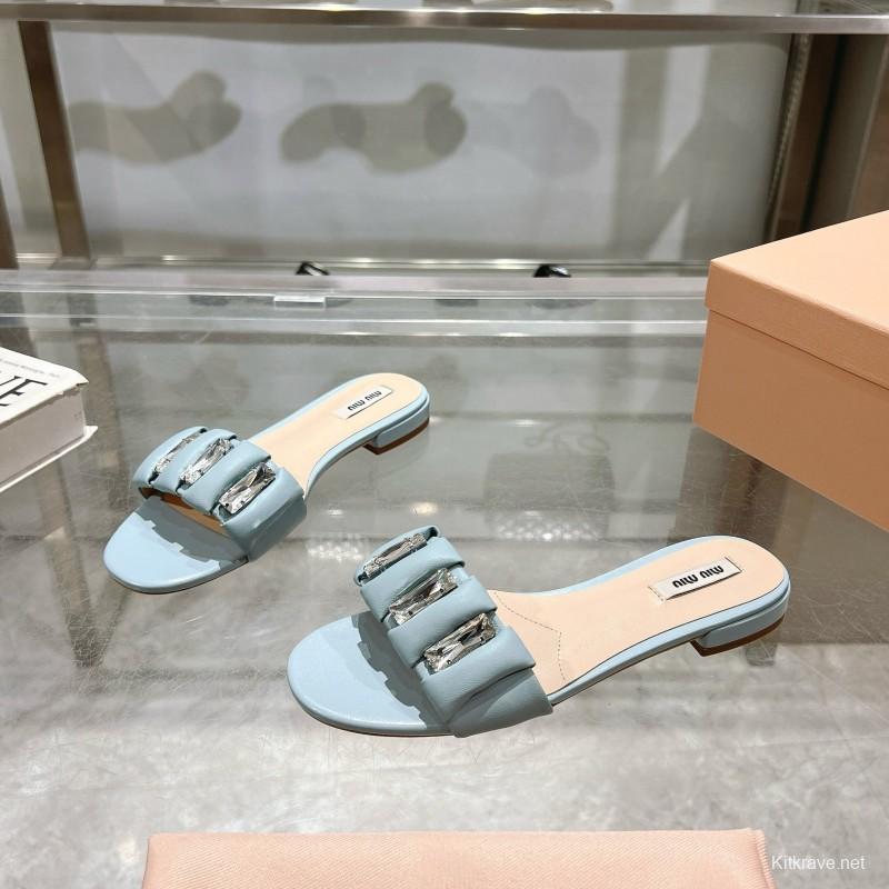 2025 Women Miu Miu Light Blue Leather Slippers