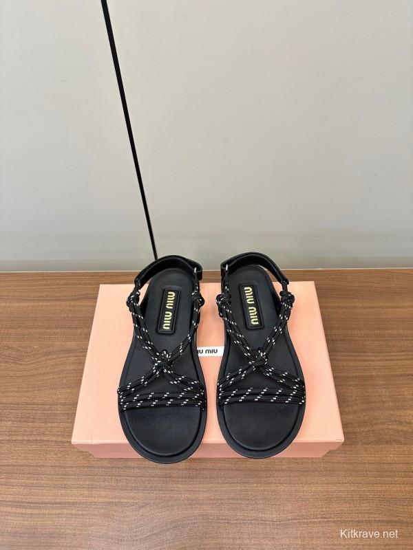 2025 Women Miu Miu Black Leather Rope Sandals
