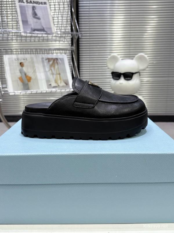2025 Women Prada Black Leather Loafers