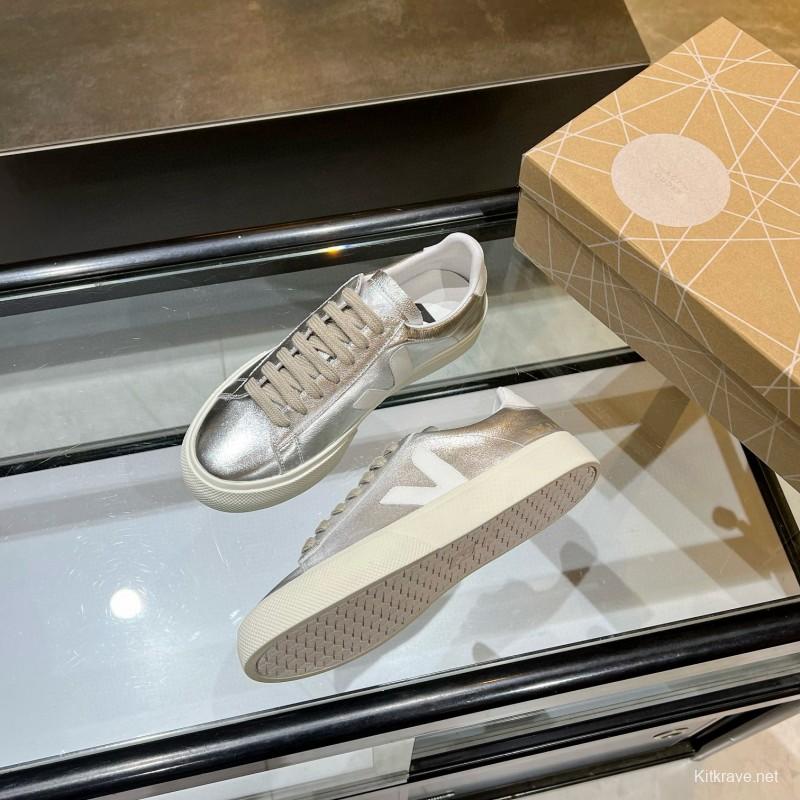 2025 Unisex VEJA Silver Leather Canvas Vulcanized Sneakers MJ00240