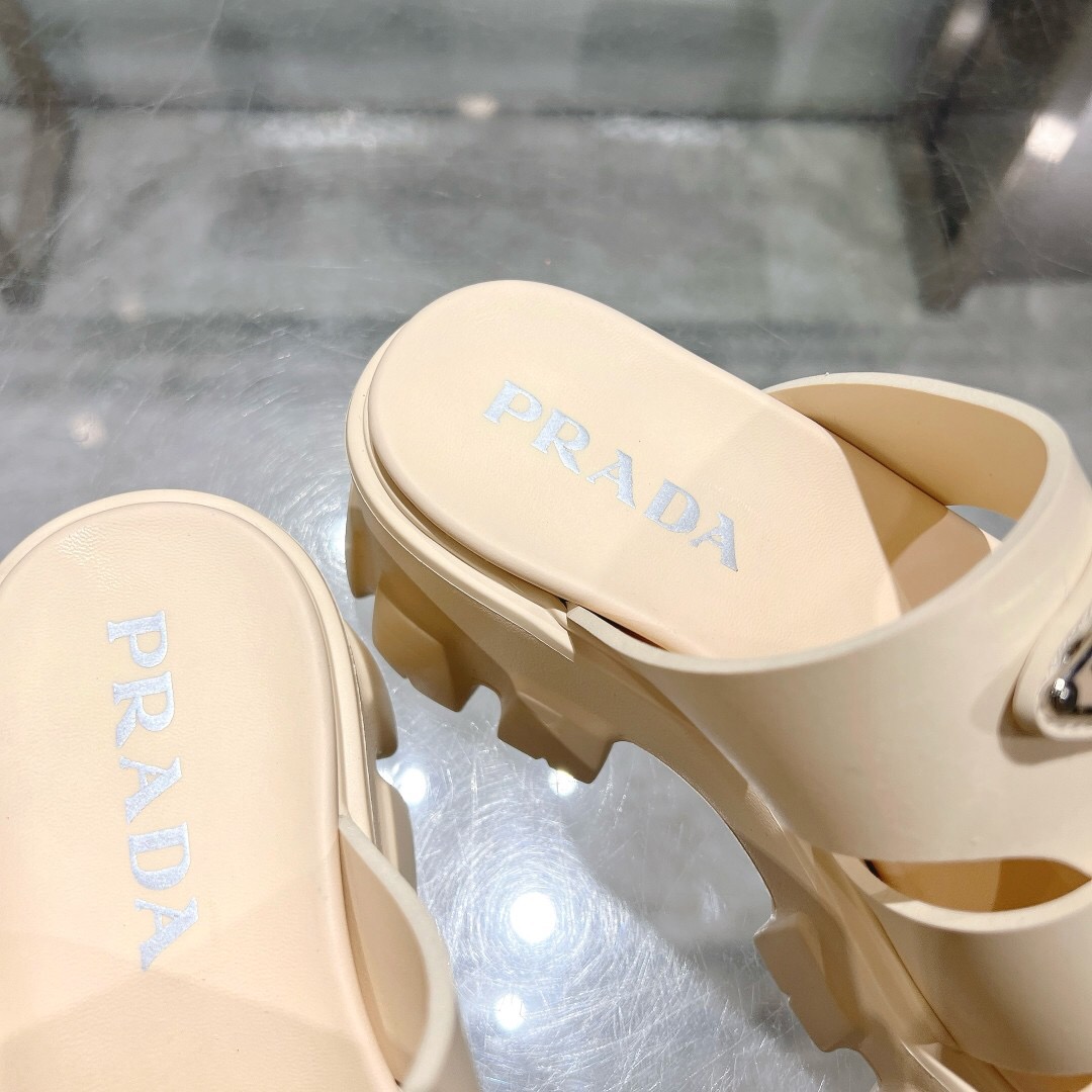 2025 Women Prada Beige Leather Platform Sandals LY00250